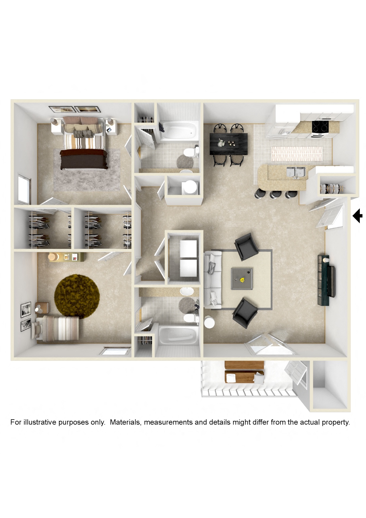 Floor plan for 2 beds, 2 baths, 1200 sqft